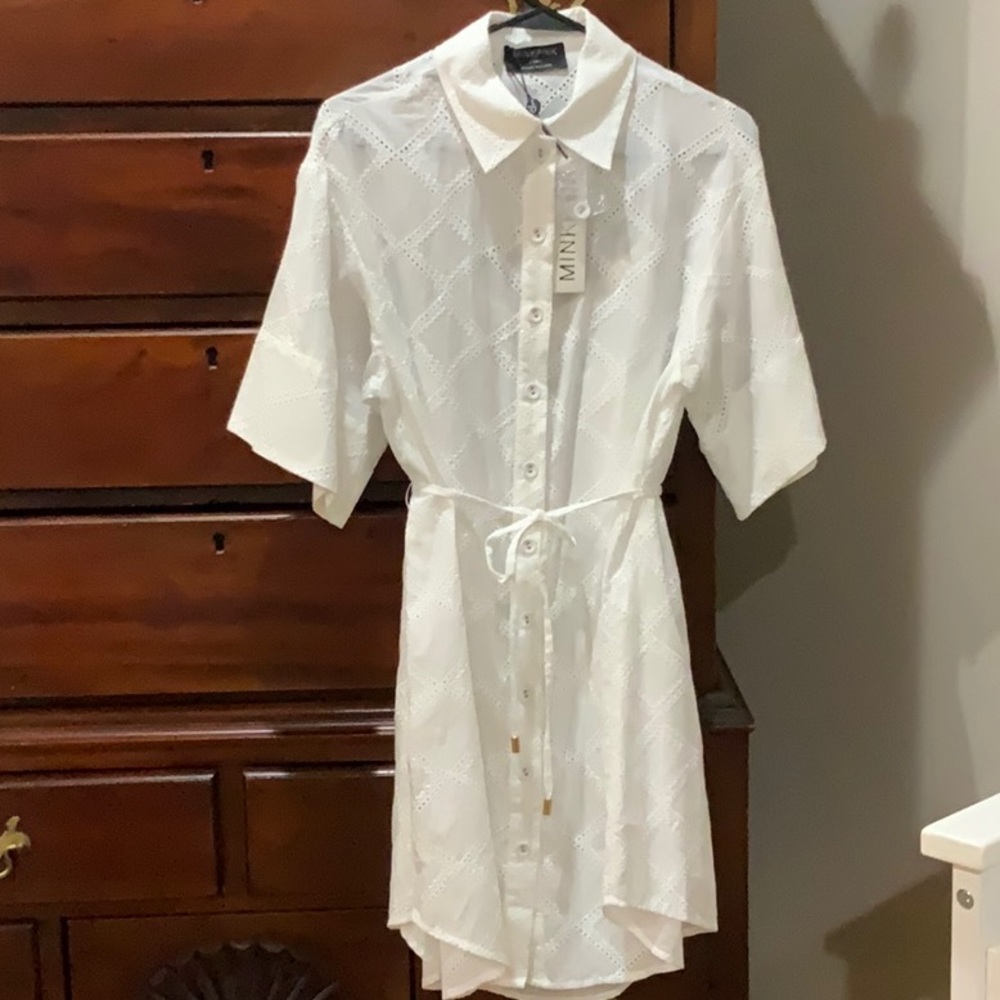 MINK PINK XS WHITE BUTTON DOWN DRESS WITH UNDERSLIP EYELET DIAMOND NEW